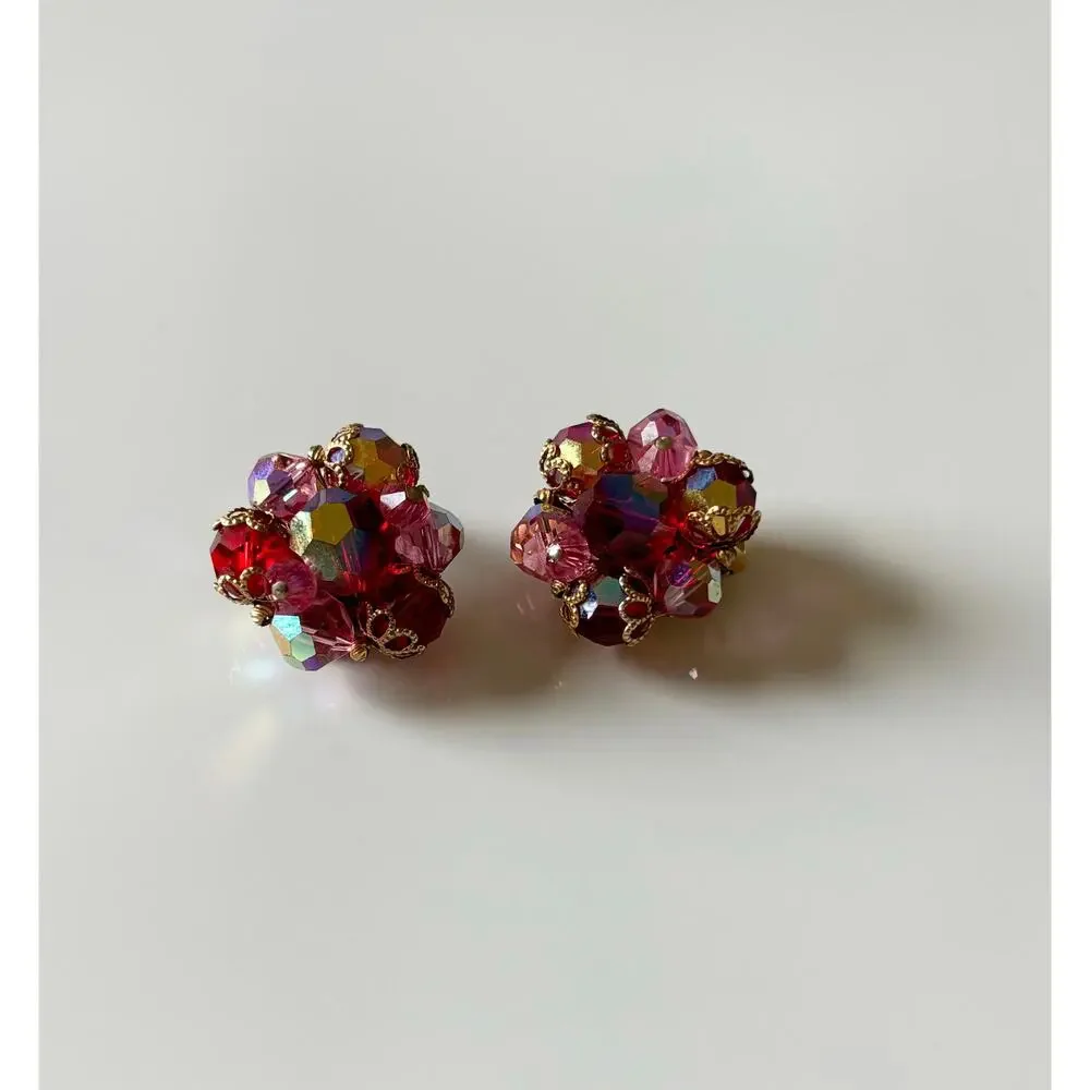 Vintage Cluster Jewel Clip On Earrings Red